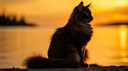 Stunning silhouette of majestic cat against a vibrant sunset backdrop. Elegant, regal, and captivating feline profile image.