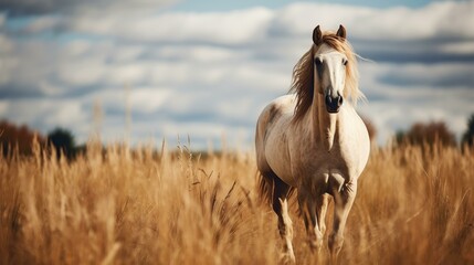 Obraz premium Admire the majestic beauty of a horse grazing in a peaceful pasture against a stunning rural backdrop.