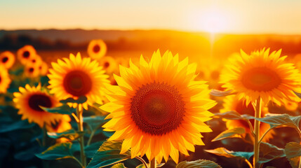 Fototapeta premium Breathtaking sunflower field at sunset a highresolution background bursting with golden hues, capturing natures summertime beauty.