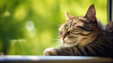 Obraz premium Highres image of a content tabby cat lounging by a window, exuding relaxation and coziness.