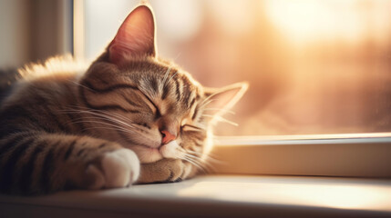 Highres image of a content tabby cat lounging by a window, exuding relaxation and coziness.