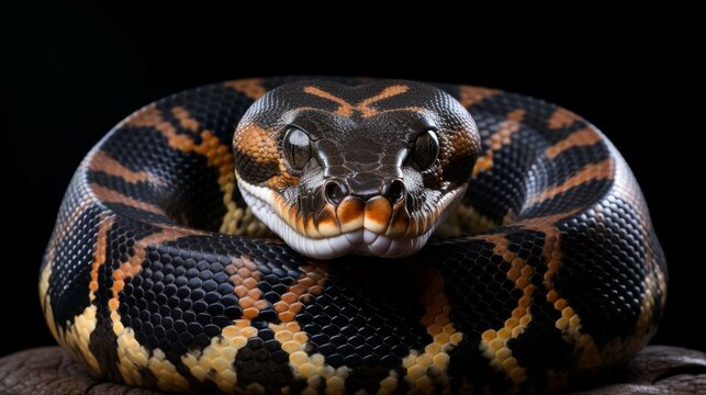 Captivating closeup of a ball pythons coiled pattern, showcasing its sleek and mesmerizing beauty.