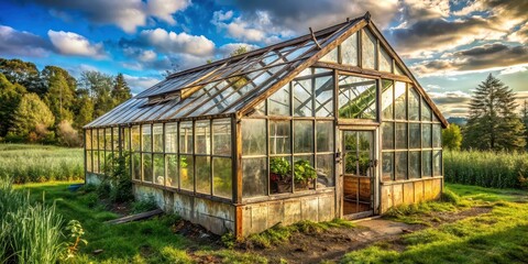 Old weathered green house in rural setting , vintage, rustic, farmhouse, countryside, exterior, architecture, nostalgic, abandoned, overgrown, quaint, dilapidated, historical, green