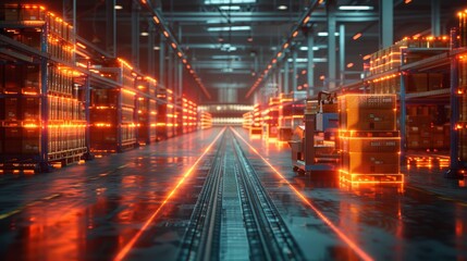 Fototapeta premium A dynamic motion blur of light trails in an industrial warehouse, with hightech machinery and pallets filled with goods.