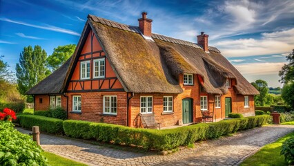 Traditional Danish house with red brick walls and a thatched roof in a scenic countryside setting, Denmark, house, traditional, red brick, thatched roof, countryside, scenic, architecture
