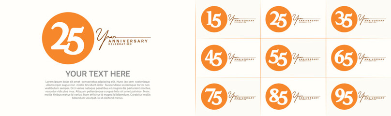 anniversary logotype set vector, orange color circle for special day celebration