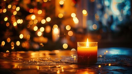 Warm, bokeh lights glowing softly in a dark, intimate setting, creating a cozy and festive atmosphere, captured with a narrow depth of field