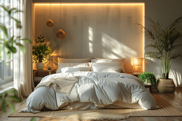 Tranquil minimalist bedroom with hidden storage solutions, soft gray tones, soft morning glow, and crisp linen textures, highlighting simplicity and a serene, clutter-free ambiance.