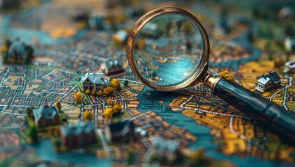 A magnifying glass over small townhouses on top of an aerial map, symbolizing real estate refinement and data analysis in the housing market.