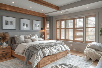 Tranquil minimalist bedroom with hidden storage solutions, soft gray tones, soft morning glow, and crisp linen textures, highlighting simplicity and a serene, clutter-free ambiance.