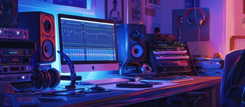 Music Production Studio with Neon Lights
