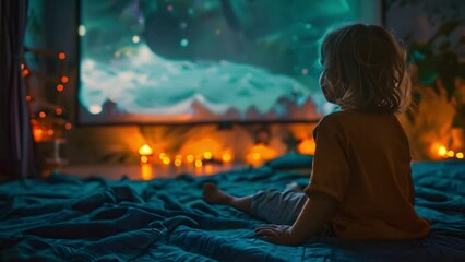 A child sits on a bed, watching a holographic projection of a movie. The room is dimly lit with soft lights.