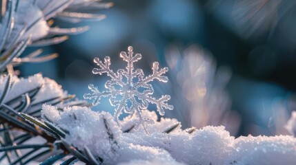 Closeup of a snowflake on a pine needle in a winter forest, with a soft background of snowcovered trees