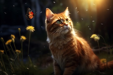 a cat playing with butterflies in the garden. Generative AI