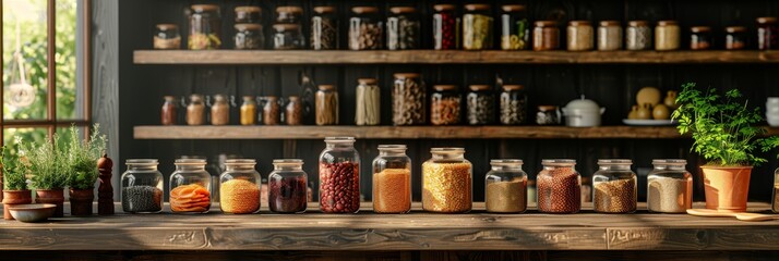 A well-organized kitchen shelf filled with glass jars of various sizes, neatly arranged on wooden shelves, showcasing the different types and colors of dry goods like pasta