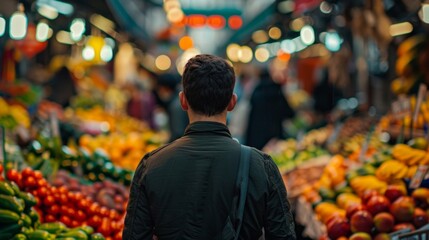 A lone figure stands at a fruit stand back facing the camera. They are examining the vibrant array of fruits and vegetables . .