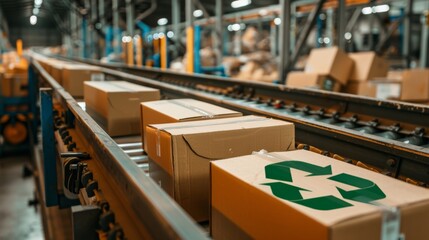Sustainable cardboard box transported on conveyor belt in cutting edge logistics center