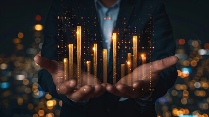 Digital rising bar chart with businessman hands overlay generative ai
