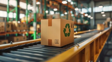Sustainable packaging  cardboard box moving on conveyor in advanced logistics facility