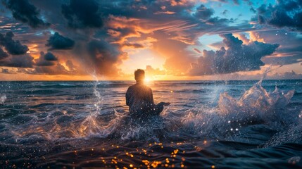 Obraz premium Man sitting in ocean waves at sunset