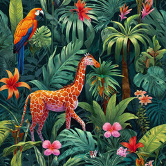 A vibrant and enchanting illustration of a tropical jungle filled with various magical fantasy animals. The scene features lush greenery, colorful birds, and whimsical creatures, creating a lively and