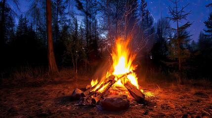 Blazing campfire with vibrant flames, dark forest background, nighttime with visible stars.