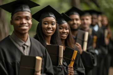Diverse group of graduates in black caps and gowns, standing together and holding their diplomas proudly