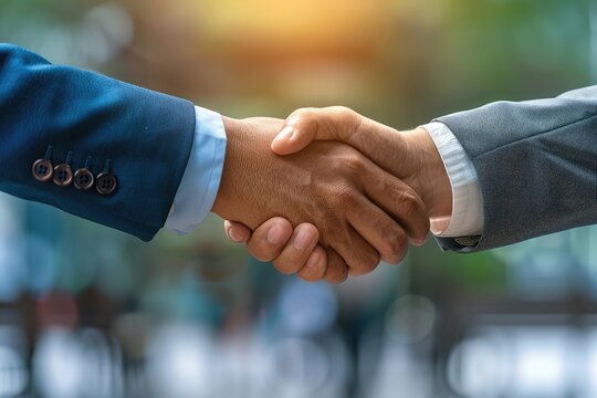 Formal handshake between two businessmen in a corporate setting, indicating the successful closing of a business agreement