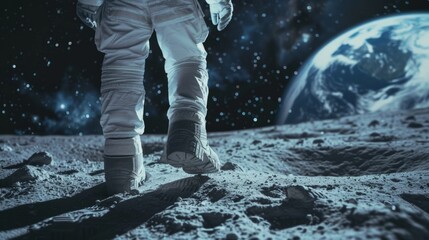 Rear view, legs of an astronaut walking on the surface of the Moon. generative ai