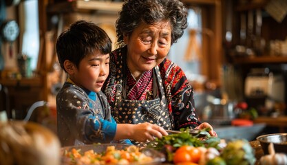 An elderly woman and a young boy are cooking together in a cozy kitchen, focusing on preparing a meal with fresh vegetables.