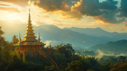 A captivating view of a golden temple standing tall amidst the serene beauty of Thailand's natural landscape, the majestic architecture and lush surroundings creating a sense of wonder and