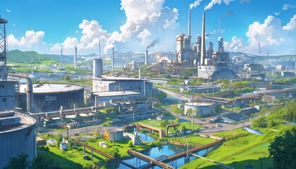 Obraz premium A biofuel refinery plant converting organic waste into renewable energy, situated in a lush and verdant landscape under a bright sunny sky with scattered clouds.