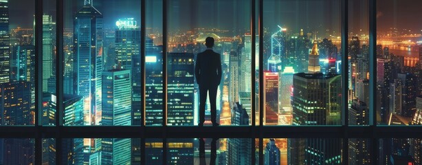 Businessman standing in a skyscraper office, concept of success and creativity in business, night city background.