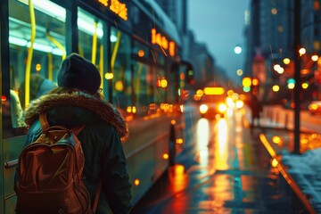 Obraz premium A woman stands on a wet sidewalk next to a bus