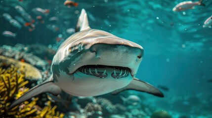 Close-up of a tiger shark searching for prey on a coral reef