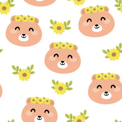  Seamless pattern with cute cartoon bear for fabric print, textile, gift wrapping paper. children's colorful vector, flat style