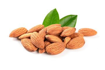 Almonds with leaves isolated on white background