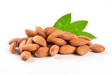 Close up Almonds and green leaves isolated on white background. 