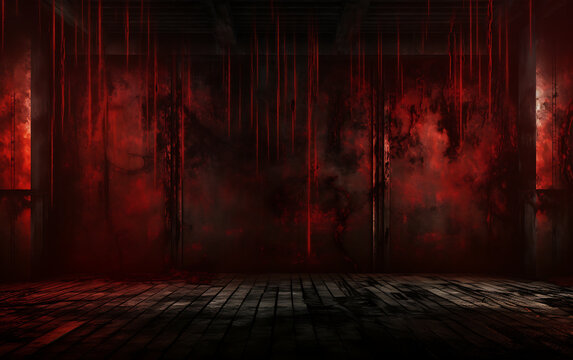 Bloody corridor in abandoned building. Horror Halloween concept. 3D Rendering
