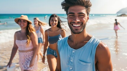 Obraz premium Raw image of a diverse group of friends enjoying a day at the beach, with candid moments reflecting their joy and the vibrant summer atmosphere