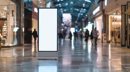 Front view mockup of blank white vertical poster standee in the middle inside shopping mall, blurry background, soft lighting, daylight
