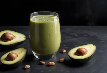 A Glass of Green Smoothie made with Avocado, Surrounded by Sliced Avocado and Nuts on a Dark Background