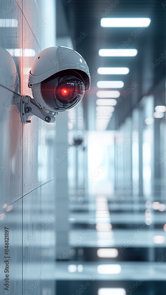 Poster surveillance camera monitoring empty office corridor