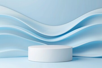 3D blue white cylinder realistic pedestal podium with wavy curve shape floating background