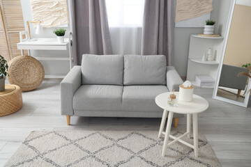 Light modern living room with cozy sofa, coffee table and carpet