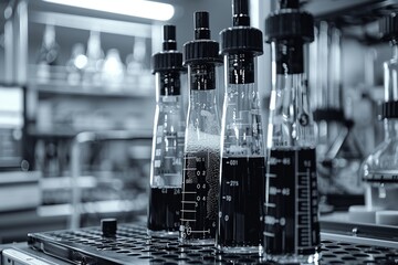 A detailed view of scientific glassware and graduated cylinders containing various dark solutions in a laboratory setting representing scientific research
