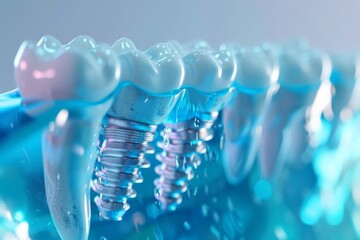 The concept of dental implants. A 3D rendering showing a dental implant placed between teeth