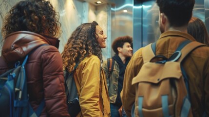 Obraz premium A group of friends backs to the camera chat and laugh as they wait for the elevator in the bustling lobby of a skyser. . .