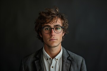 A young man stands confidently against a dark background, wearing glasses and a casual suit jacket, conveying a thoughtful and composed demeanor