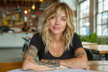 Fototapeta premium A young woman with blonde hair and tattoos sits at a wooden table in a brightly lit, modern cafe with a welcoming atmosphere, smiling confidently at the camera